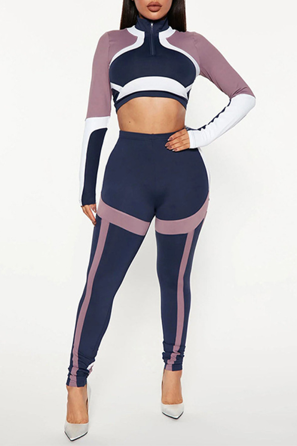 Purple Street Color Lump Patchwork Contrast Zipper Collar Long Sleeve Two Pieces