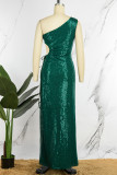 Pink Sexy Formal Patchwork Hollowed Out Sequins Frenulum Slit Oblique Collar Evening Dress Dresses