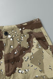 Camouflage Street Camouflage Print Patchwork Pocket Contrast Regular Mid Waist Straight Full Print Bottoms