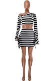Red Casual Striped Print Patchwork Oblique Collar Long Sleeve Two Pieces