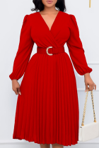 Red Casual Solid Patchwork Fold V Neck Waist Skirt Dresses(With Belt)