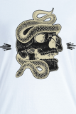 Navy Blue Casual Daily Print Skull Patchwork O Neck T-Shirts