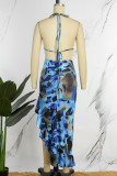 Blue Sexy Print Patchwork Frenulum Backless Halter Irregular Dress Dresses