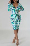 Green Casual Print Patchwork V Neck Long Sleeve Dresses