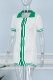 White Sexy Color Lump Hollowed Out Buttons Contrast POLO collar One Step Skirt Short Sleeve Dress