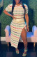 White Casual Striped Print Slit O Neck Short Sleeve Two Pieces