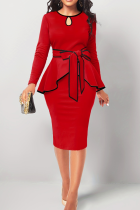Red Elegant Solid Hollowed Out Flounce Slit Contrast O Neck Long Sleeve Two Pieces