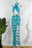 Blue Sexy Solid Hollowed Out Backless Slit Halter Sleeveless Two Pieces