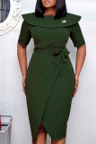 Army Green Casual Solid Patchwork Flounce Asymmetrical O Neck One Step Skirt Dresses
