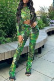 Green Casual Print Basic O Neck Long Sleeve Two Pieces