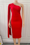Red Casual Solid Patchwork Fold Asymmetrical Oblique Collar Straight Dresses