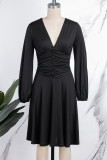Black Casual Solid Fold V Neck Long Sleeve Dresses