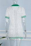 White Sexy Color Lump Hollowed Out Buttons Contrast POLO collar One Step Skirt Short Sleeve Dress