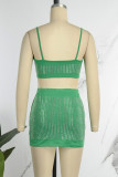 Red Sexy Patchwork Hot Drilling Backless Spaghetti Strap Sleeveless Two Pieces