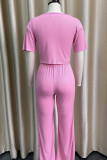 Pink Casual Solid Patchwork O Neck Short Sleeve Two Pieces