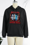 Black Daily Print Draw String Hooded Collar Tops