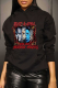 Black Daily Print Draw String Hooded Collar Tops