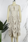Apricot Casual Solid Draw String Fold V Neck Sleeveless Dress Dresses