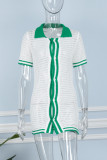 White Sexy Color Lump Hollowed Out Buttons Contrast POLO collar One Step Skirt Short Sleeve Dress