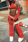 Red Street Color Lump Tassel Hollowed Out Patchwork Turtleneck Sleeveless Two Pieces(With Oversleeve)