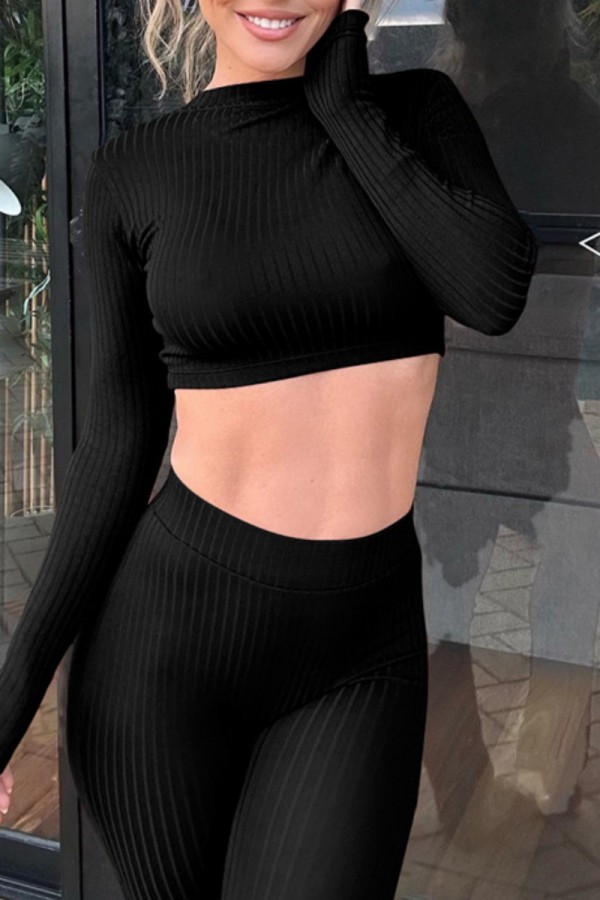 Black Casual Solid Basic O Neck Long Sleeve Two Pieces