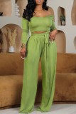 Green Casual Solid Basic O Neck Long Sleeve Two Pieces