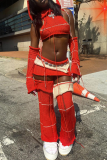 Red Street Color Lump Tassel Hollowed Out Patchwork Turtleneck Sleeveless Two Pieces(With Oversleeve)