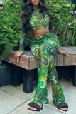 Green Casual Print Basic O Neck Long Sleeve Two Pieces