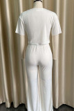 Cream White Casual Solid Patchwork O Neck Short Sleeve Two Pieces