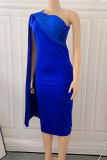 Royal Blue Casual Solid Patchwork Fold Asymmetrical Oblique Collar Straight Dresses