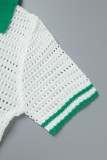 White Sexy Color Lump Hollowed Out Buttons Contrast POLO collar One Step Skirt Short Sleeve Dress
