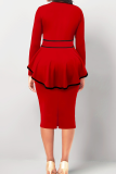 Red Elegant Solid Hollowed Out Flounce Slit Contrast O Neck Long Sleeve Two Pieces