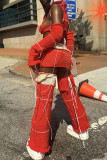 Red Street Color Lump Tassel Hollowed Out Patchwork Turtleneck Sleeveless Two Pieces(With Oversleeve)