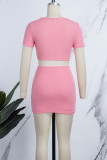Pink Sexy Casual Solid Hollowed Out O Neck Short Sleeve Two Pieces