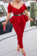 Red Fashion Casual Solid Patchwork Without Belt V Neck Short Sleeve Two Pieces