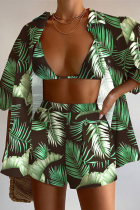 Green Casual Print Patchwork Pocket Buttons Turndown Collar Three Quarter Two Pieces(Three Pieces)