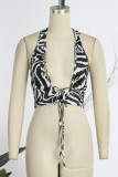 Black And White Sexy Animal Print Bandage Patchwork Backless Halter High Waist Tops