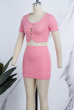 Pink Sexy Casual Solid Hollowed Out O Neck Short Sleeve Two Pieces