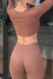 Bare Color Casual Solid Basic O Neck Long Sleeve Two Pieces
