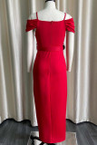 Red Sexy Solid Patchwork Slit Spaghetti Strap Straight Dresses