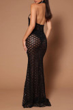 Apricot Sexy Formal Patchwork Sequins See-through Halter Long Dress Dresses