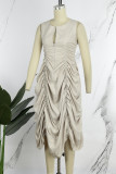 Apricot Casual Solid Draw String Fold V Neck Sleeveless Dress Dresses