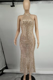 Apricot Sexy Formal Patchwork Sequins See-through Halter Long Dress Dresses