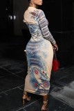 Khaki Casual Print Basic O Neck Long Sleeve Dresses