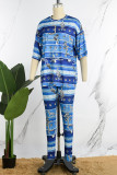 Multicolor Casual Print Basic O Neck Half Sleeve Two Pieces