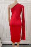 Red Casual Solid Patchwork Fold Asymmetrical Oblique Collar Straight Dresses