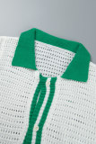 White Sexy Color Lump Hollowed Out Buttons Contrast POLO collar One Step Skirt Short Sleeve Dress