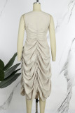 Apricot Casual Solid Draw String Fold V Neck Sleeveless Dress Dresses