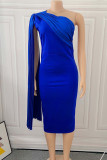 Royal Blue Casual Solid Patchwork Fold Asymmetrical Oblique Collar Straight Dresses