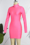 Pink Casual Solid Basic Turtleneck Long Sleeve Dresses